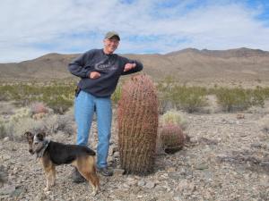 Gale's testing the barrel cactus stickers.  Note Sissy, the dog.  More about her later