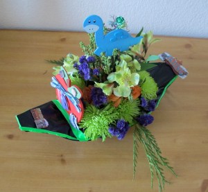 A floral kayak complete with racing stripes