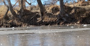Our tossed ice on the icy river.  You can see how dry the shore is