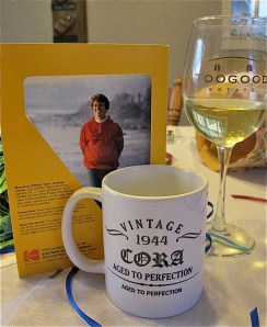 Vintage, is the word of the night, I think. A 1969 picture along with a new coffee cup and a good glass of wine.