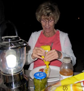 Jerri getting ready to enjoy the hot dogs