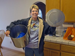 Me with the cioppino pot with paint buckets inside.