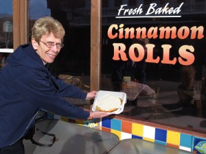 They serve just about the world’s largest cinnamon rolls as witnessed by this picture. This one filled the entire entrée sized “to go” box. They are pretty good!