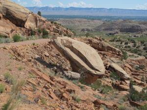 This picture shows a switchback in the middle center, the Grand Valley with the Bookcliffs in the background.