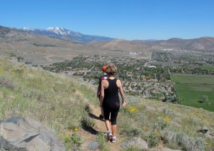 We're starting back down the trail. Slide Mountain is the snow covered peak in the background. Its elevation is 9698." That is short by Colorado standards but not bad for a Sierra "foothill." :-)