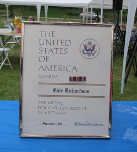 Gale was in Vietnam as a member of the Red Cross in the late 60s. She never talked about it much and consequently, I didn’t know she had received a medal for civilian service in Vietnam.