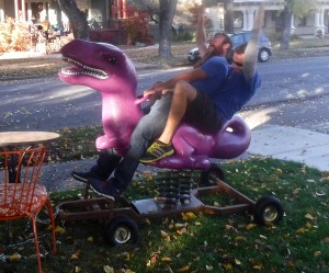 Riding the purple dino to another beer. Never a dull moment with these two nephews!