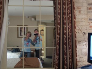 Jerri and I horsing around in front of our mirrored “window.” You can see that the wall is very old and we assume it is one of the original walls of the building. I’m pretty sure someone told me that the building was constructed in the 1800s.