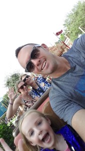 Our first ride was The Barnstormer, a just right size (for me) roller coaster that Kate loved. We went on that twice in a row.